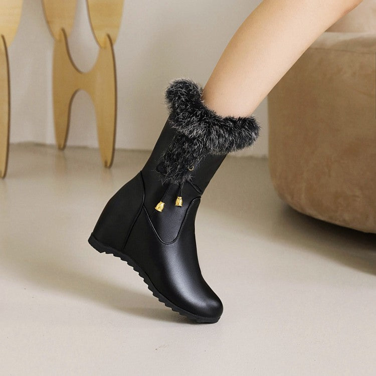 Pu Leather Round Toe Fur Side Zippers Inside Heighten Wedge Heel Mid Calf Boots for Women