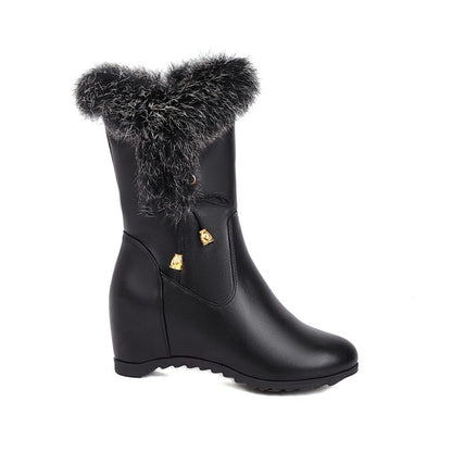 Pu Leather Round Toe Fur Side Zippers Inside Heighten Wedge Heel Mid Calf Boots for Women