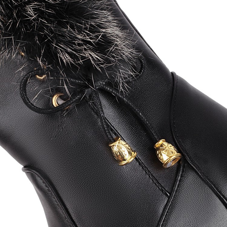 Pu Leather Round Toe Fur Side Zippers Inside Heighten Wedge Heel Mid Calf Boots for Women