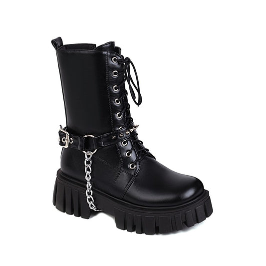 Ladies Square Toe Tied Belts Metal Chains Buckles Platform Short Boots