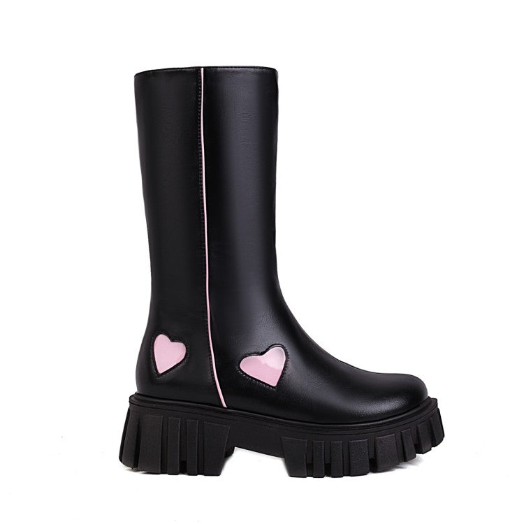 Ladies Pu Leather Square Toe Side Zippers Love Hearts Platform Short Boots