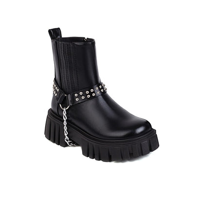 Ladies Glossy Square Toe Rivets Belts Metal Chains Platform Short Boots