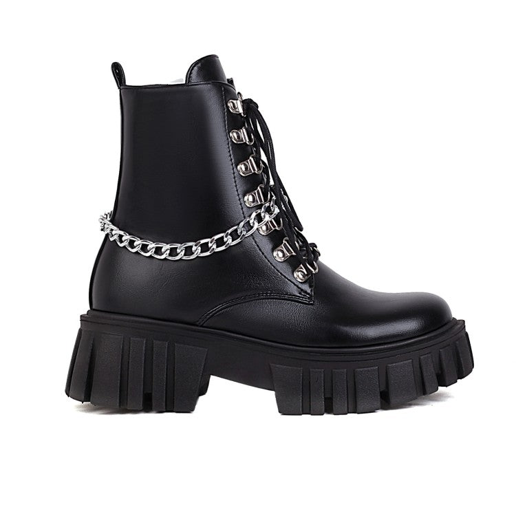 Ladies Pu Leather Metal Chains Lace Up Belts Platform Short Boots