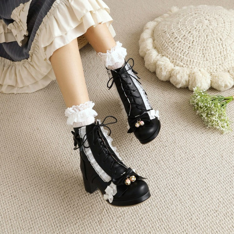 Lace Bow Tie Pearls Block Chunky Heel Ankle Boots for Women