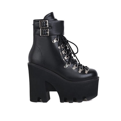 Pu Leather Round Toe Metal Rivets Lace Up Buckle Straps Block Chunky Heel Platform Ankle Boots for Women