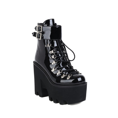 Pu Leather Round Toe Metal Rivets Lace Up Buckle Straps Block Chunky Heel Platform Ankle Boots for Women