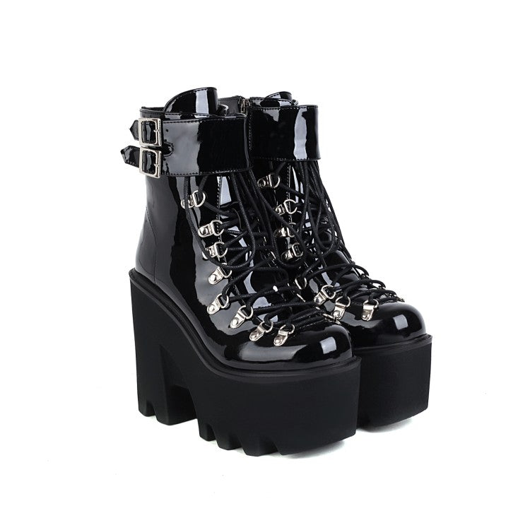 Pu Leather Round Toe Metal Rivets Lace Up Buckle Straps Block Chunky Heel Platform Ankle Boots for Women