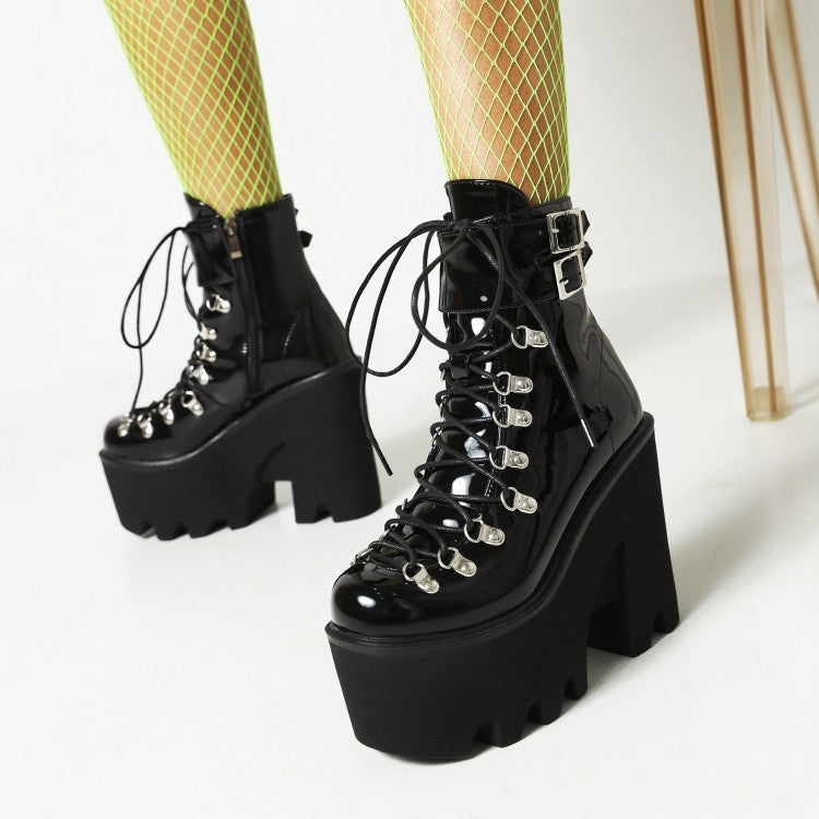 Pu Leather Round Toe Metal Rivets Lace Up Buckle Straps Block Chunky Heel Platform Ankle Boots for Women