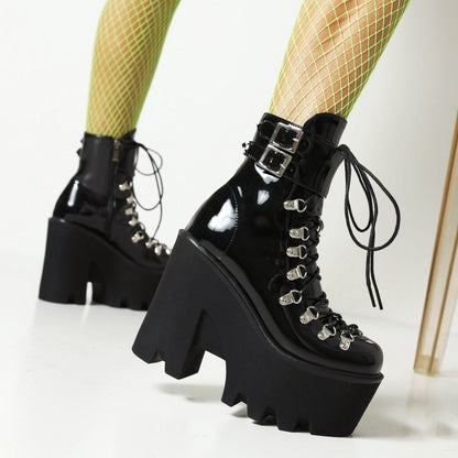 Pu Leather Round Toe Metal Rivets Lace Up Buckle Straps Block Chunky Heel Platform Ankle Boots for Women