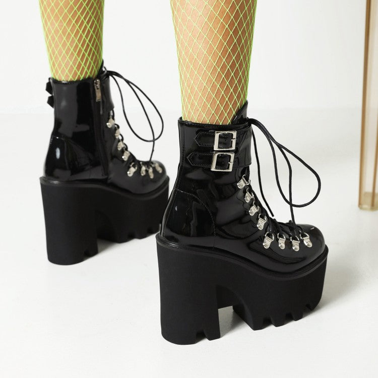 Pu Leather Round Toe Metal Rivets Lace Up Buckle Straps Block Chunky Heel Platform Ankle Boots for Women