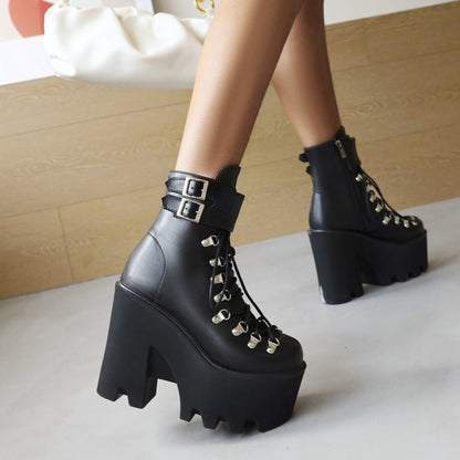 Pu Leather Round Toe Metal Rivets Lace Up Buckle Straps Block Chunky Heel Platform Ankle Boots for Women