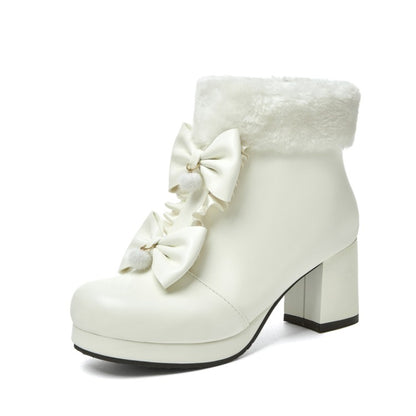 Booties Lolita Round Toe Bows Block Chunky Heel Platform Ankle Boots for Women