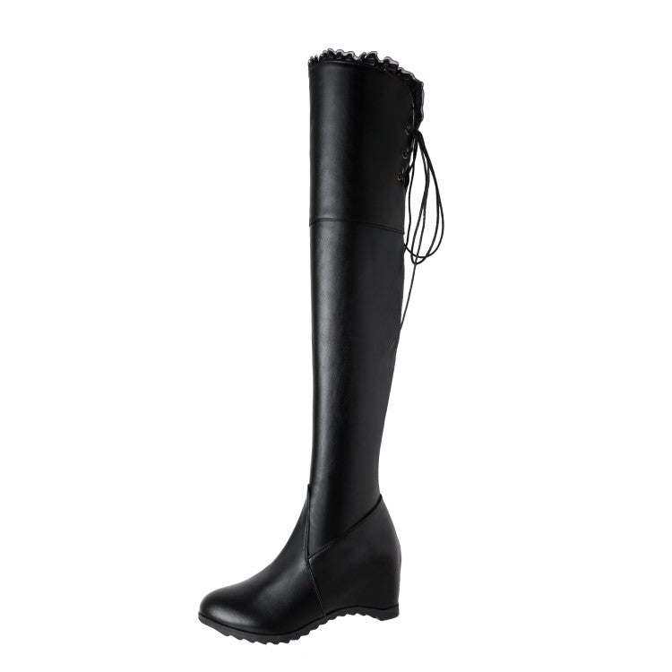 Inside Heighten Wedge Heel Lace Tied Straps Over-The-Knee Boots for Women