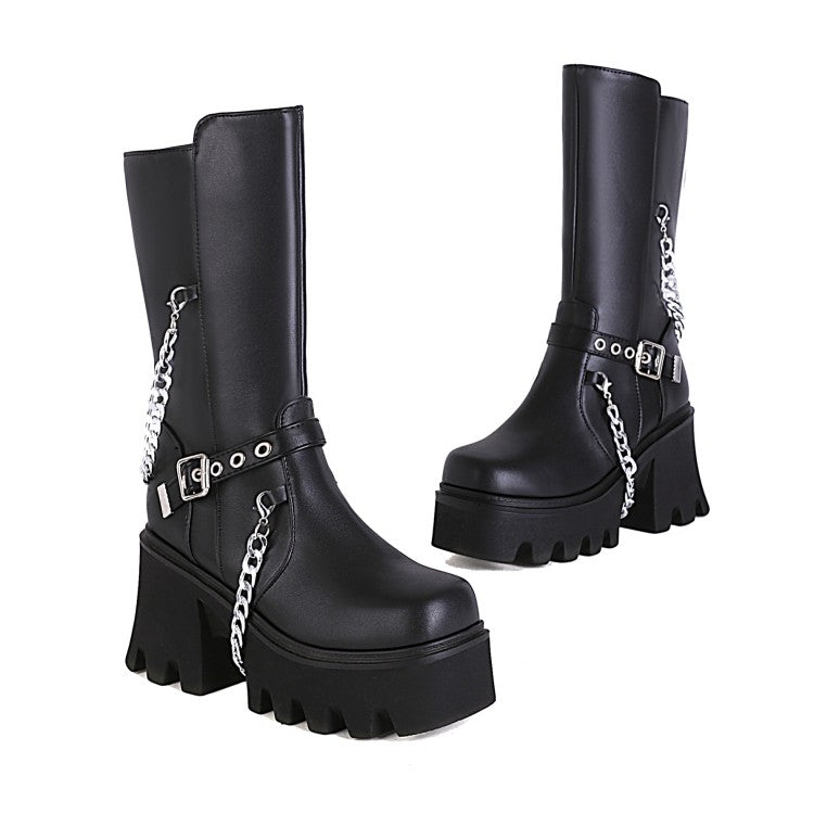 Glossy Square Toe Metal Chains Buckle Straps Side Zippers Block Chunky Heel Platform Mid Calf Boots for Women