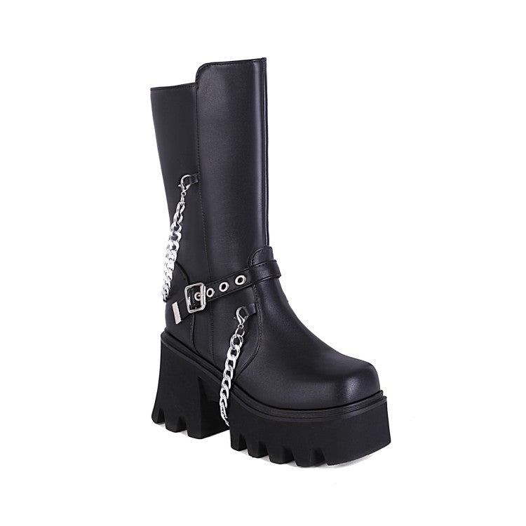 Glossy Square Toe Metal Chains Buckle Straps Side Zippers Block Chunky Heel Platform Mid Calf Boots for Women