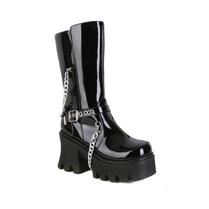 Glossy Square Toe Metal Chains Buckle Straps Side Zippers Block Chunky Heel Platform Mid Calf Boots for Women