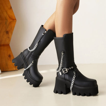 Glossy Square Toe Metal Chains Buckle Straps Side Zippers Block Chunky Heel Platform Mid Calf Boots for Women