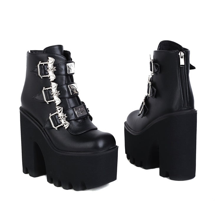 Pu Leather Square Toe Metal Rivets Buckle Straps Block Chunky Heel Platform Ankle Boots for Women