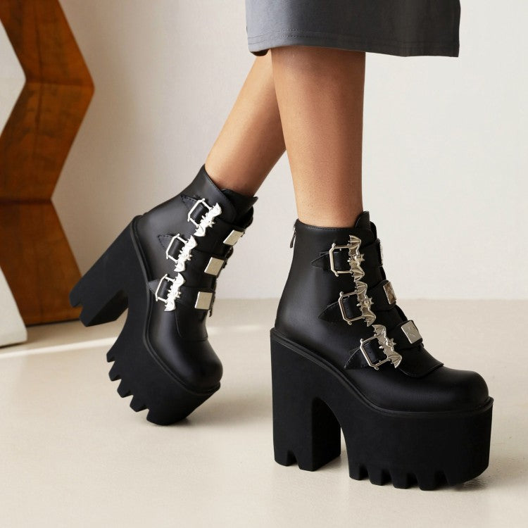 Pu Leather Square Toe Metal Rivets Buckle Straps Block Chunky Heel Platform Ankle Boots for Women