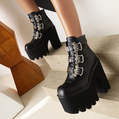 Pu Leather Square Toe Metal Rivets Buckle Straps Block Chunky Heel Platform Ankle Boots for Women