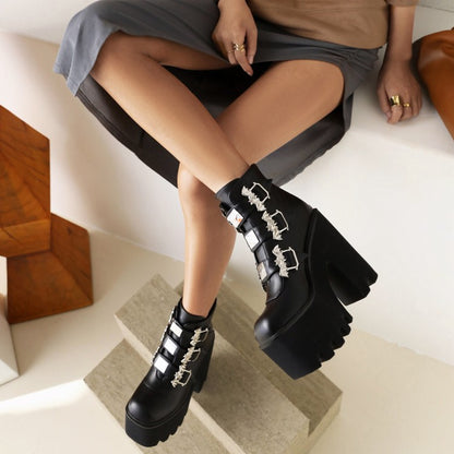 Pu Leather Square Toe Metal Rivets Buckle Straps Block Chunky Heel Platform Ankle Boots for Women