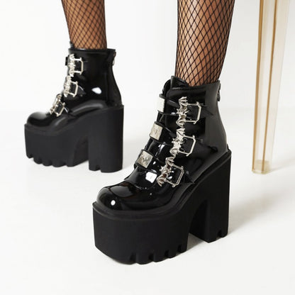 Pu Leather Square Toe Metal Rivets Buckle Straps Block Chunky Heel Platform Ankle Boots for Women