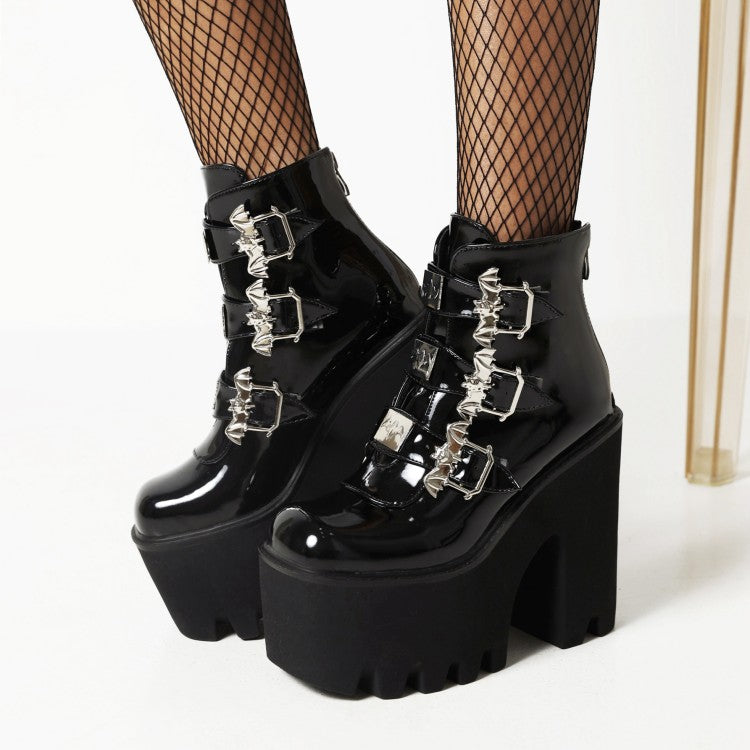 Pu Leather Square Toe Metal Rivets Buckle Straps Block Chunky Heel Platform Ankle Boots for Women