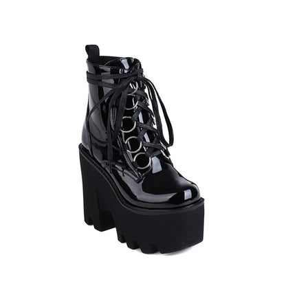 Glossy Round Toe Lace Up Block Chunky Heel Platform Ankle Boots for Women