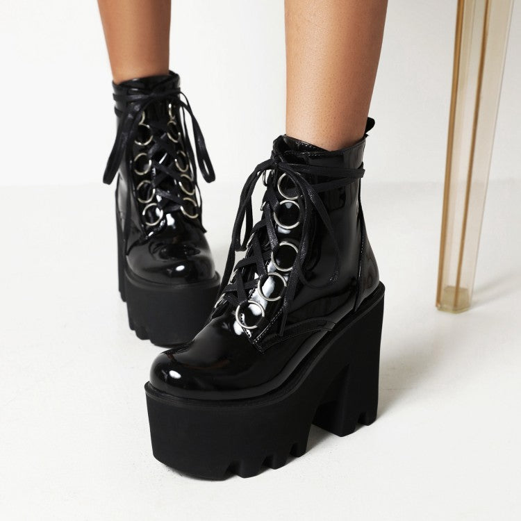 Glossy Round Toe Lace Up Block Chunky Heel Platform Ankle Boots for Women