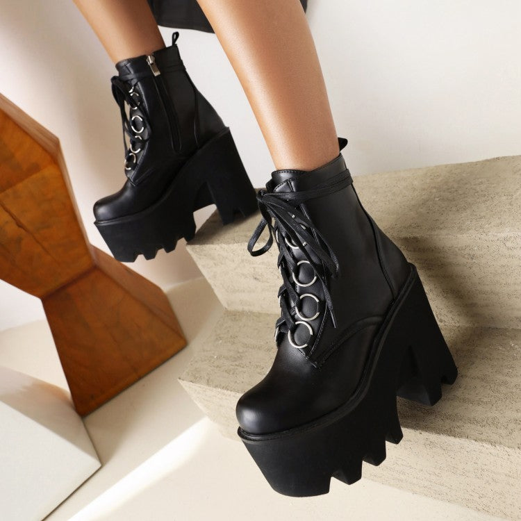 Glossy Round Toe Lace Up Block Chunky Heel Platform Ankle Boots for Women