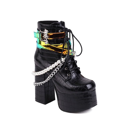 Crocodile Pattern Pu Leather Sequins Side Zippers Lace Up Block Chunky Heel Platform Ankle Boots for Women