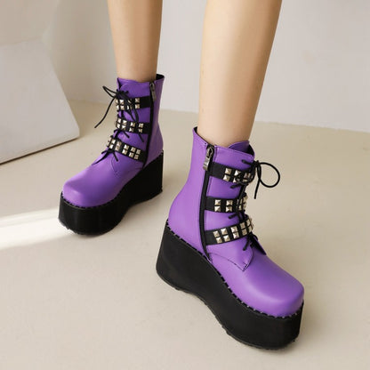 Ladies Lace Up Rivets Buckle Straps Side Zippers Wedge Heel Platform Short Boots