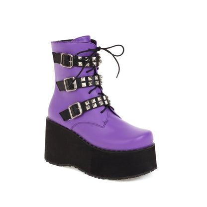 Ladies Lace Up Rivets Buckle Straps Side Zippers Wedge Heel Platform Short Boots