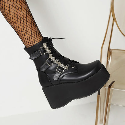 Ladies Lace Up Buckle Straps Wedge Heel Platform Short Boots