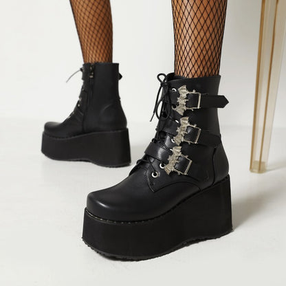 Ladies Lace Up Buckle Straps Wedge Heel Platform Short Boots