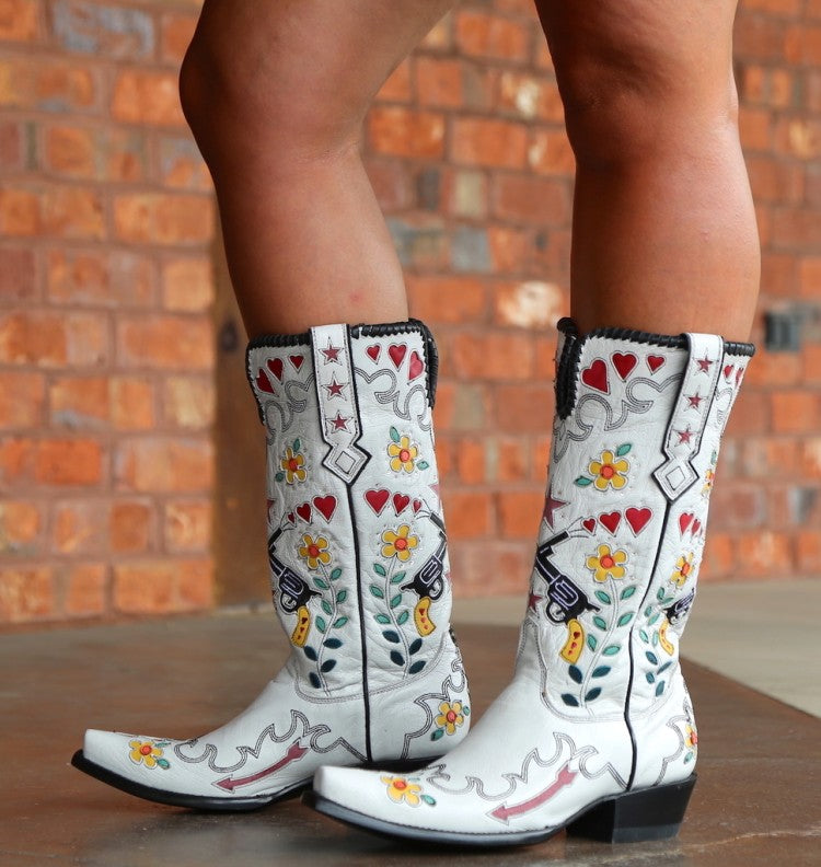 Ladies Ethnic Embroidery Puppy Heel Cowboy Mid Calf Boots