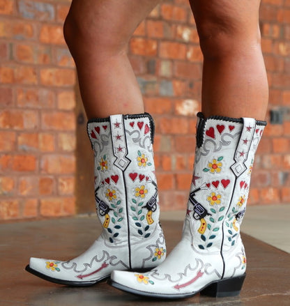 Ladies Ethnic Embroidery Puppy Heel Cowboy Mid Calf Boots