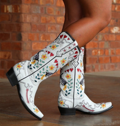 Ladies Ethnic Embroidery Puppy Heel Cowboy Mid Calf Boots