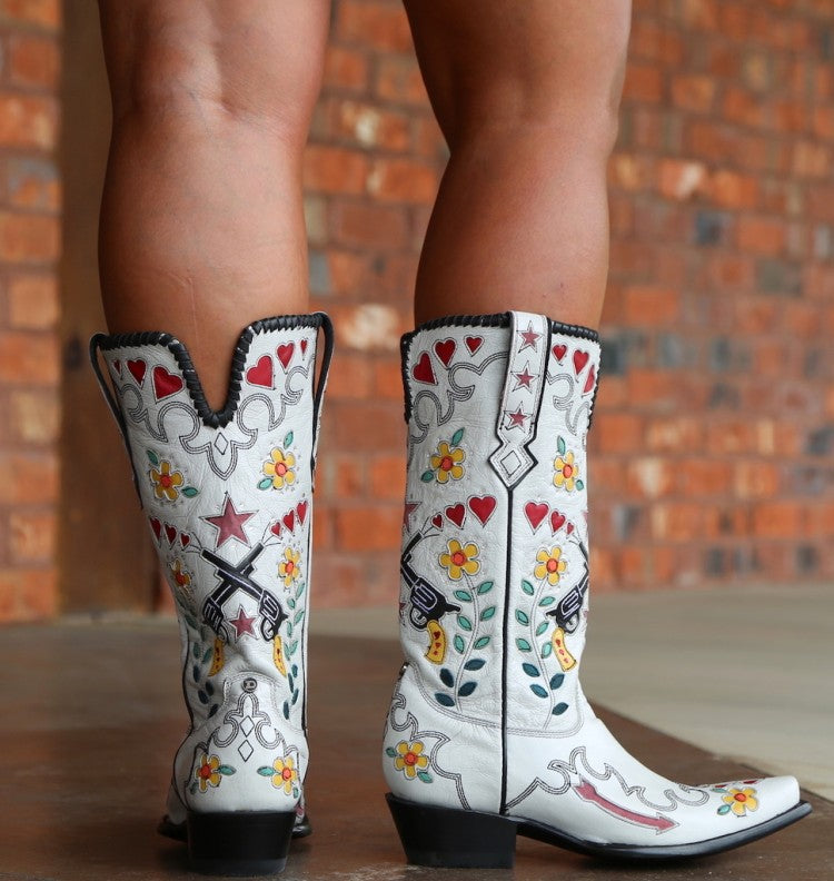 Ladies Ethnic Embroidery Puppy Heel Cowboy Mid Calf Boots