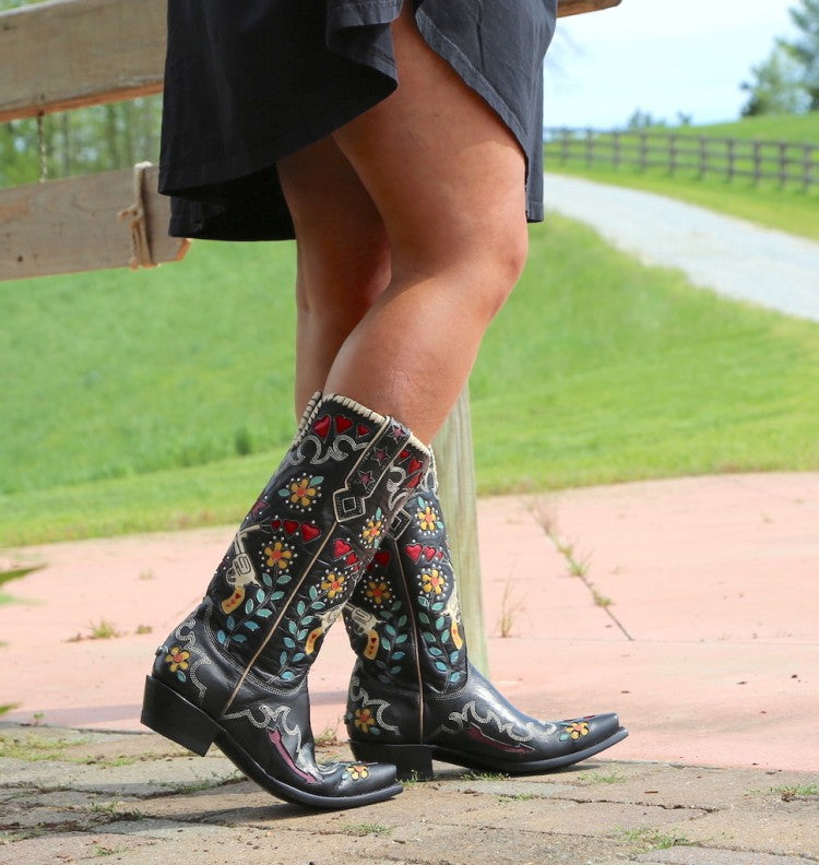 Ladies Ethnic Embroidery Puppy Heel Cowboy Mid Calf Boots