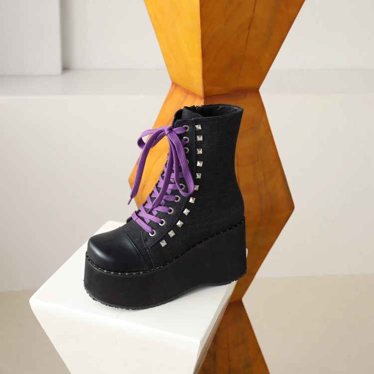 Ladies Square Toe Bicolor Lace Up Wedge Heel Platform Short Boots