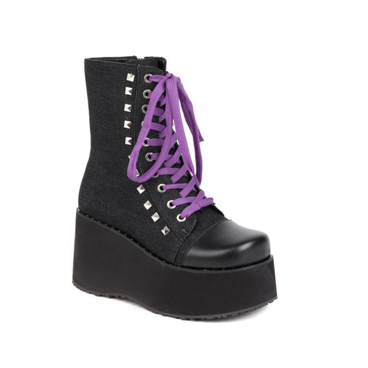 Ladies Square Toe Bicolor Lace Up Wedge Heel Platform Short Boots