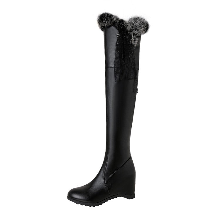 Lace Fur Inside Heighten Wedge Heel Over-The-Knee Boots for Women