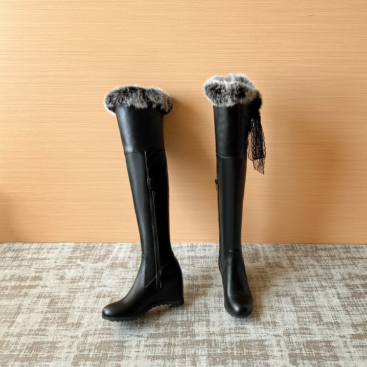 Lace Fur Inside Heighten Wedge Heel Over-The-Knee Boots for Women