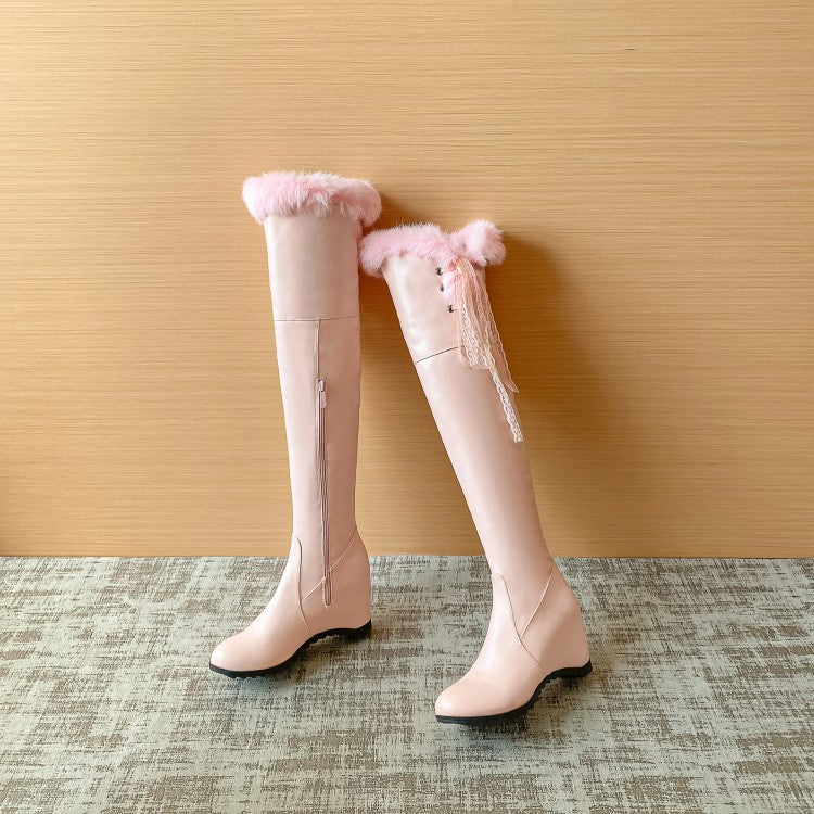 Lace Fur Inside Heighten Wedge Heel Over-The-Knee Boots for Women