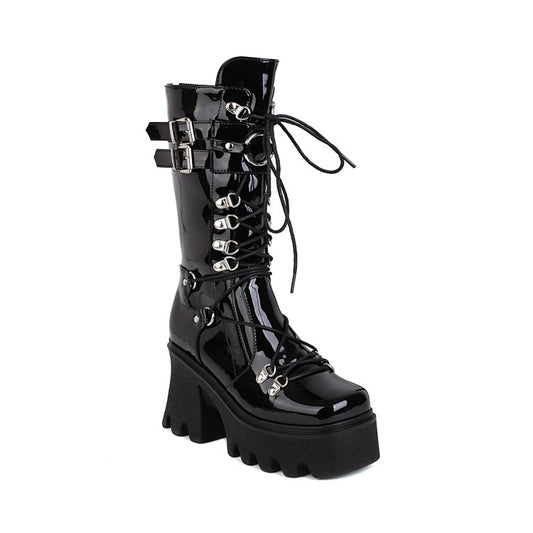 Glossy Metal Buckle Straps Lace Up Block Chunky Heel Platform Mid-calf Boots for Women