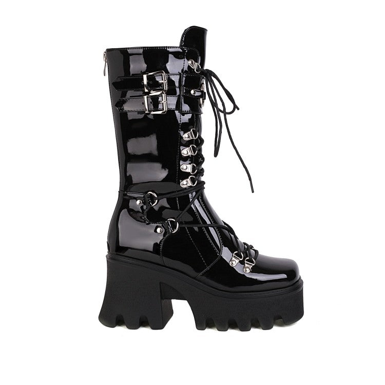 Glossy Metal Buckle Straps Lace Up Block Chunky Heel Platform Mid-calf Boots for Women