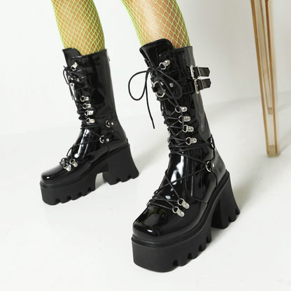 Glossy Metal Buckle Straps Lace Up Block Chunky Heel Platform Mid-calf Boots for Women