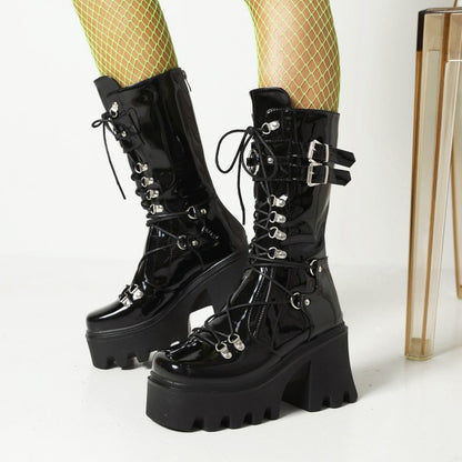 Glossy Metal Buckle Straps Lace Up Block Chunky Heel Platform Mid-calf Boots for Women