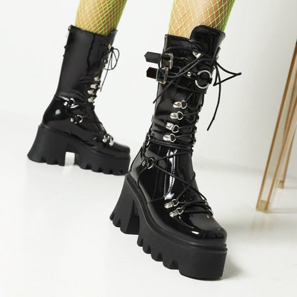 Glossy Metal Buckle Straps Lace Up Block Chunky Heel Platform Mid-calf Boots for Women